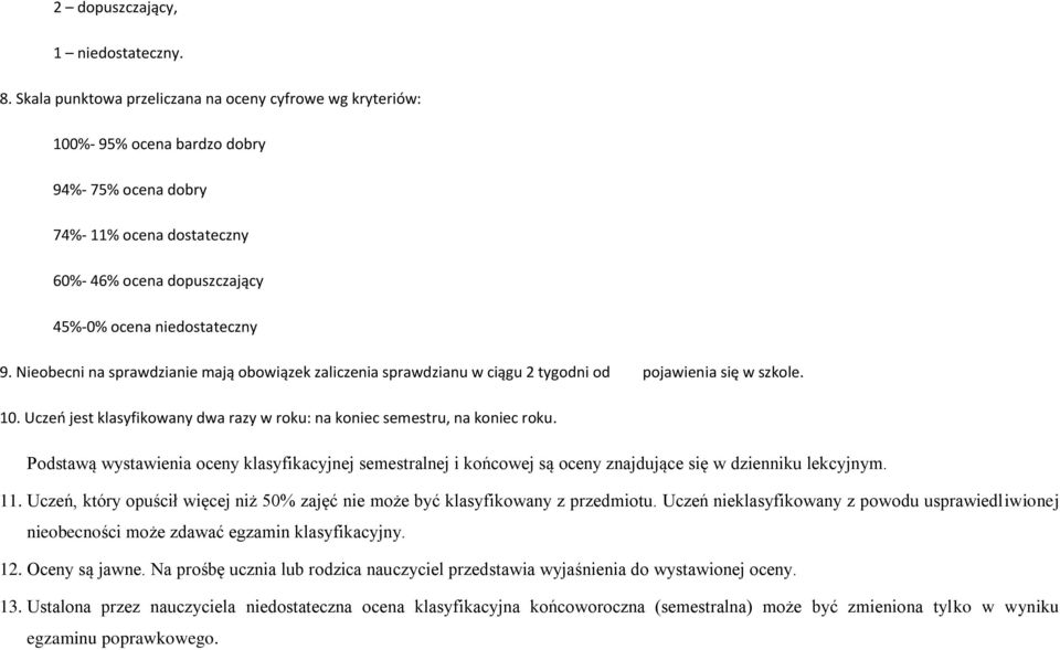 Nieobecni na sprawdzianie mają obowiązek zaliczenia sprawdzianu w ciągu 2 tygodni od pojawienia się w szkole. 10. Uczeń jest klasyfikowany dwa razy w roku: na koniec semestru, na koniec roku.
