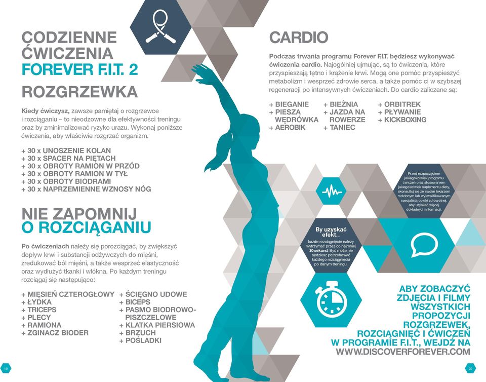 + 30 x UNOSZENIE KOLAN + 30 x SPACER NA PIĘTACH + 30 x OBROTY RAMION W PRZÓD + 30 x OBROTY RAMION W TYŁ + 30 x OBROTY BIODRAMI + 30 x NAPRZEMIENNE WZNOSY NÓG NIE ZAPOMNIJ O ROZCIĄGANIU Po ćwiczeniach