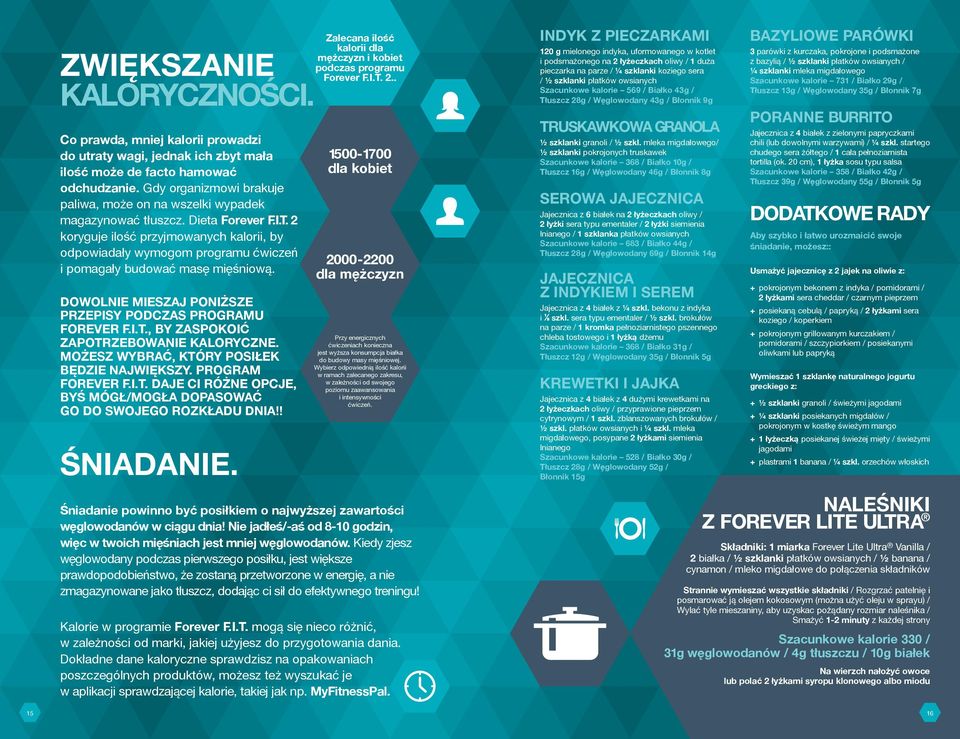 2 koryguje ilość przyjmowanych kalorii, by odpowiadały wymogom programu ćwiczeń i pomagały budować masę mięśniową. DOWOLNIE MIESZAJ PONIŻSZE PRZEPISY PODCZAS PROGRAMU FOREVER F.I.T.