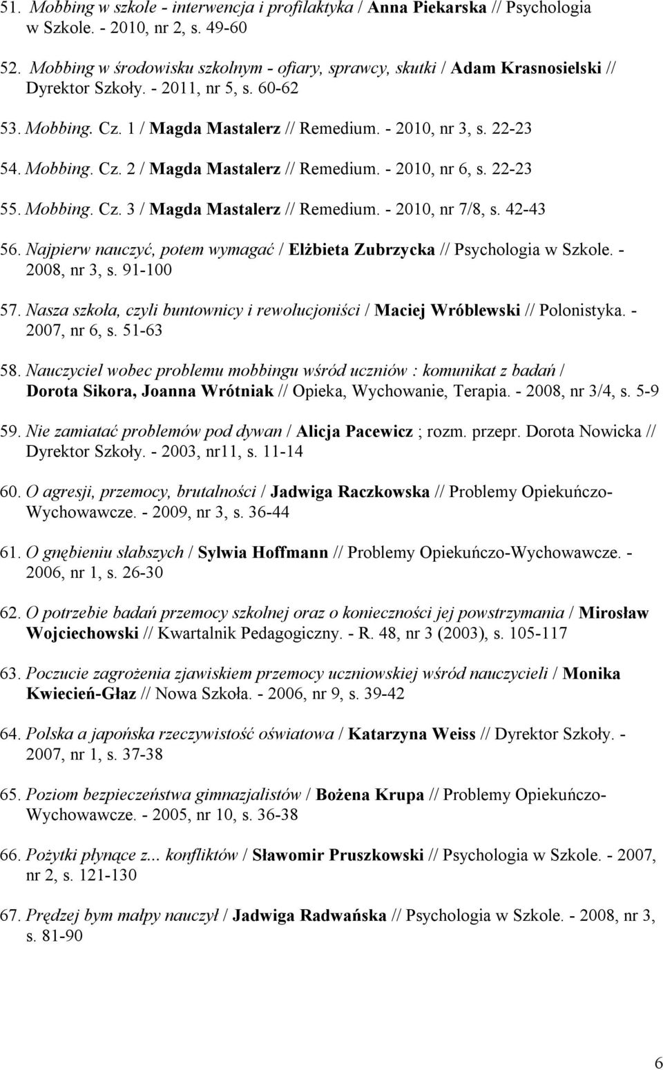 Mobbing. Cz. 2 / Magda Mastalerz // Remedium. - 2010, nr 6, s. 22-23 55. Mobbing. Cz. 3 / Magda Mastalerz // Remedium. - 2010, nr 7/8, s. 42-43 56.