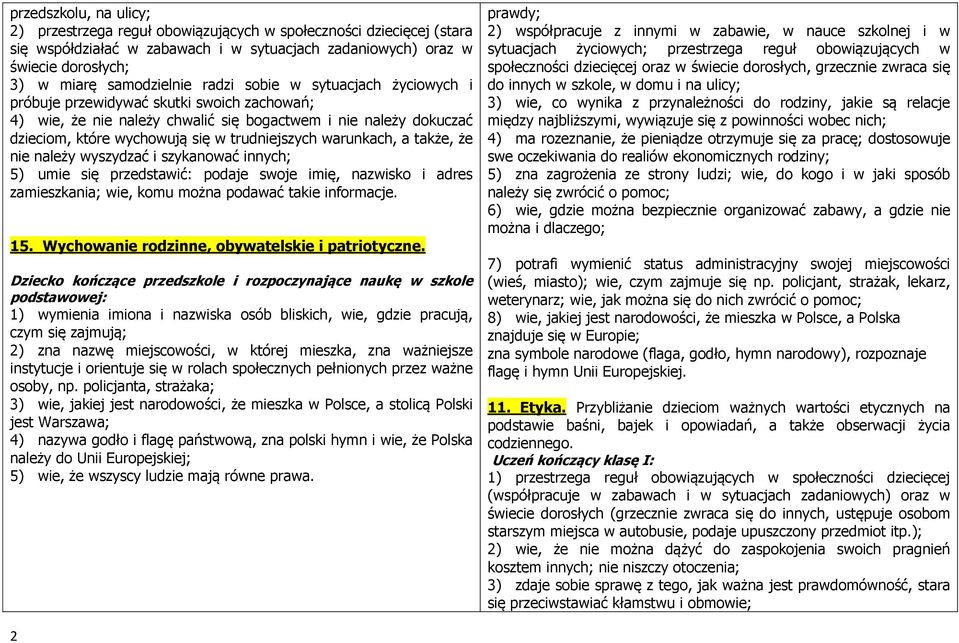 warunkach, a także, że nie należy wyszydzać i szykanować innych; 5) umie się przedstawić: podaje swoje imię, nazwisko i adres zamieszkania; wie, komu można podawać takie informacje. 15.