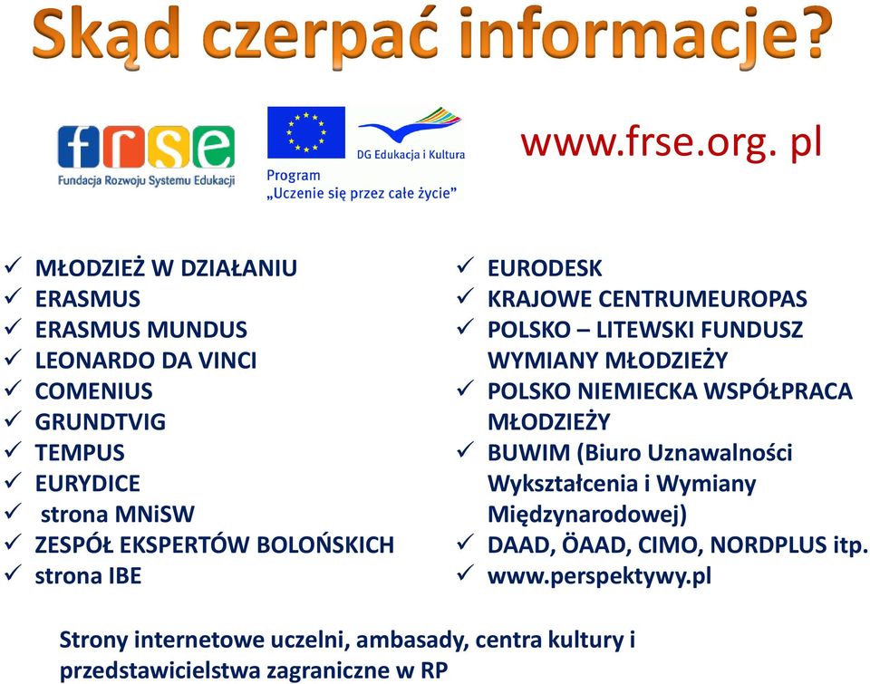 EKSPERTÓW BOLOŃSKICH strona IBE EURODESK KRAJOWE CENTRUMEUROPAS POLSKO LITEWSKI FUNDUSZ WYMIANY MŁODZIEŻY POLSKO