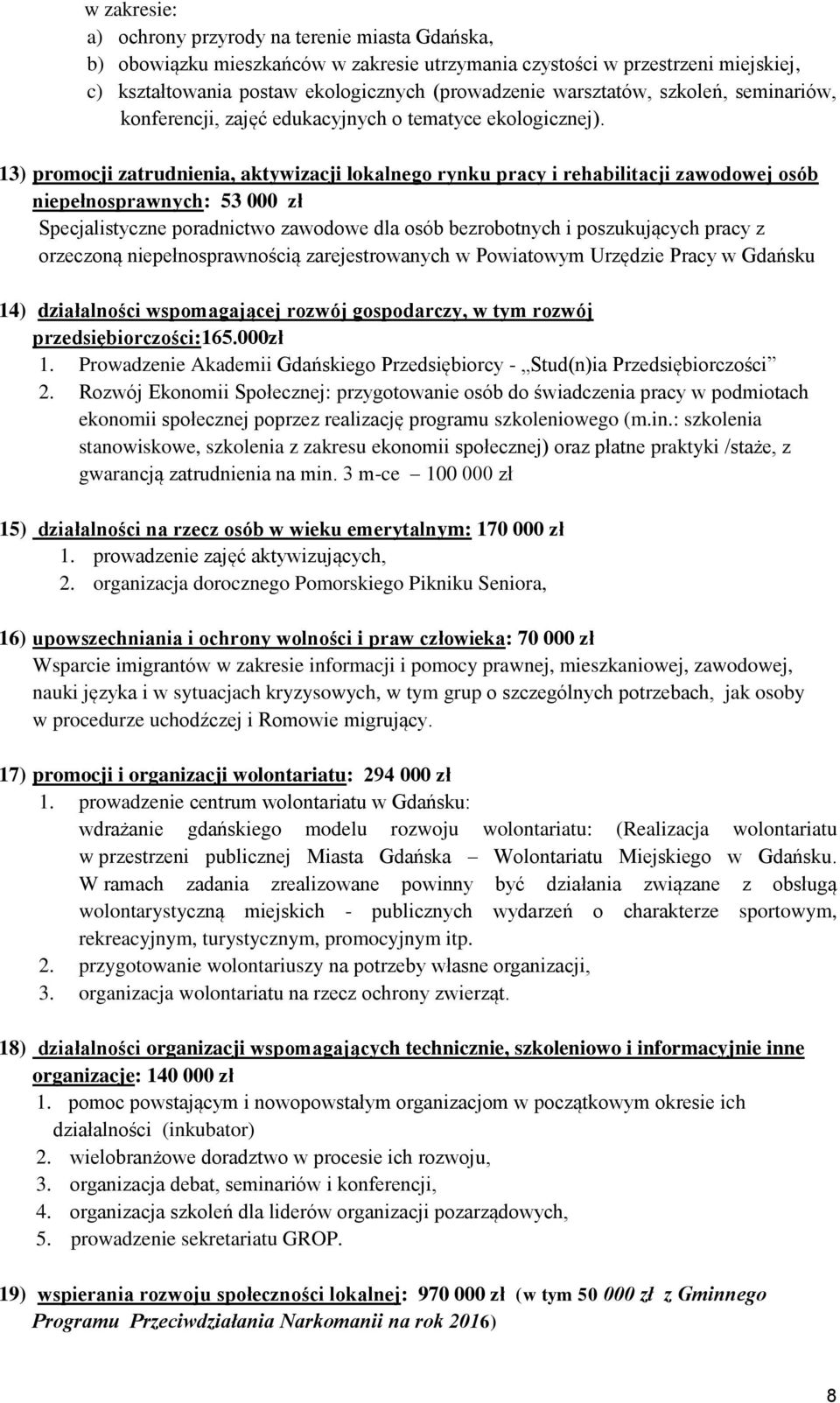 13) promocji zatrudnienia, aktywizacji lokalnego rynku pracy i rehabilitacji zawodowej osób niepełnosprawnych: 53 000 zł Specjalistyczne poradnictwo zawodowe dla osób bezrobotnych i poszukujących