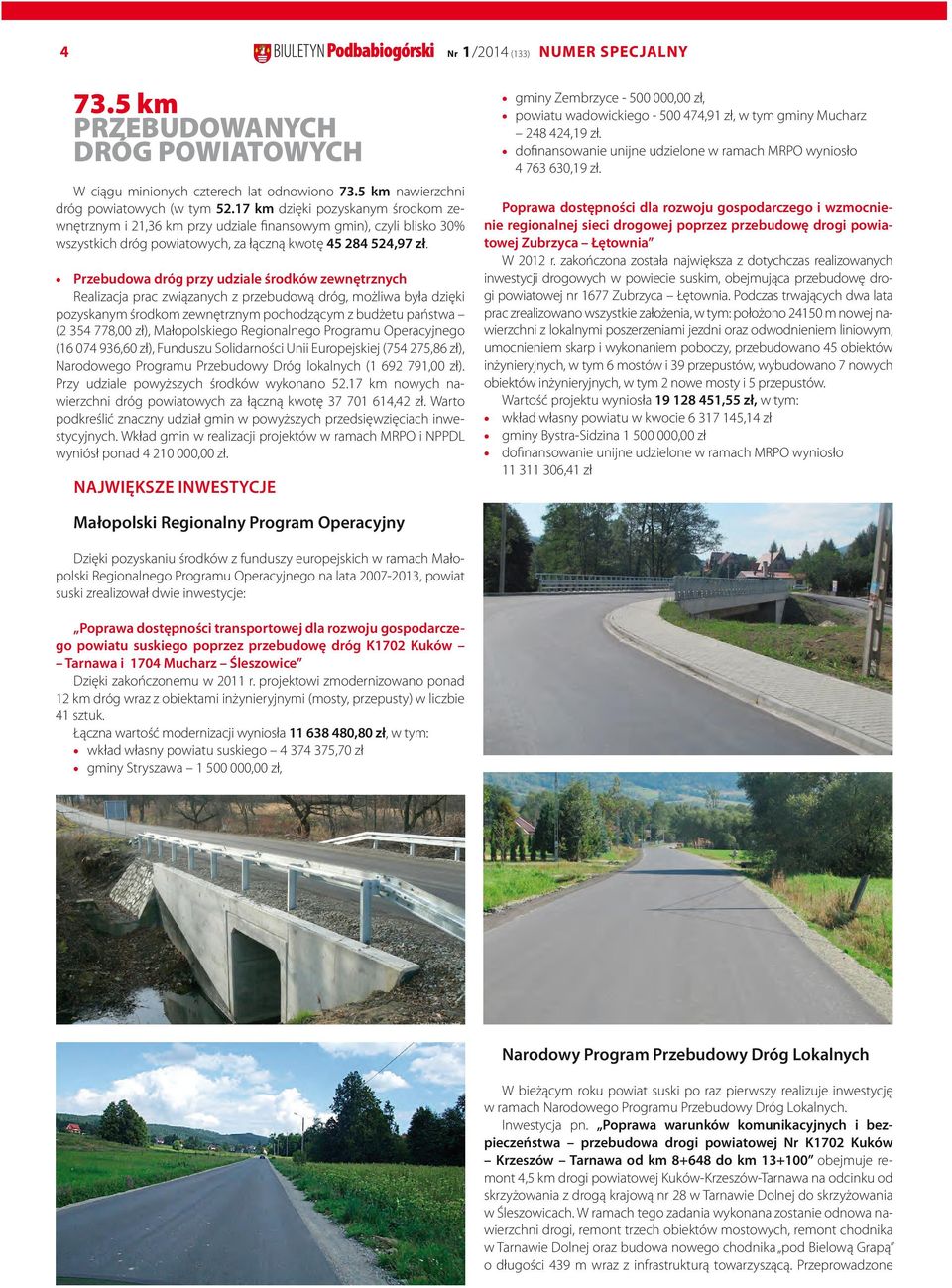 Przebudowa dróg przy udziale środków zewnętrznych Realizacja prac związanych z przebudową dróg, możliwa była dzięki pozyskanym środkom zewnętrznym pochodzącym z budżetu państwa (2 354 778,00 zł),