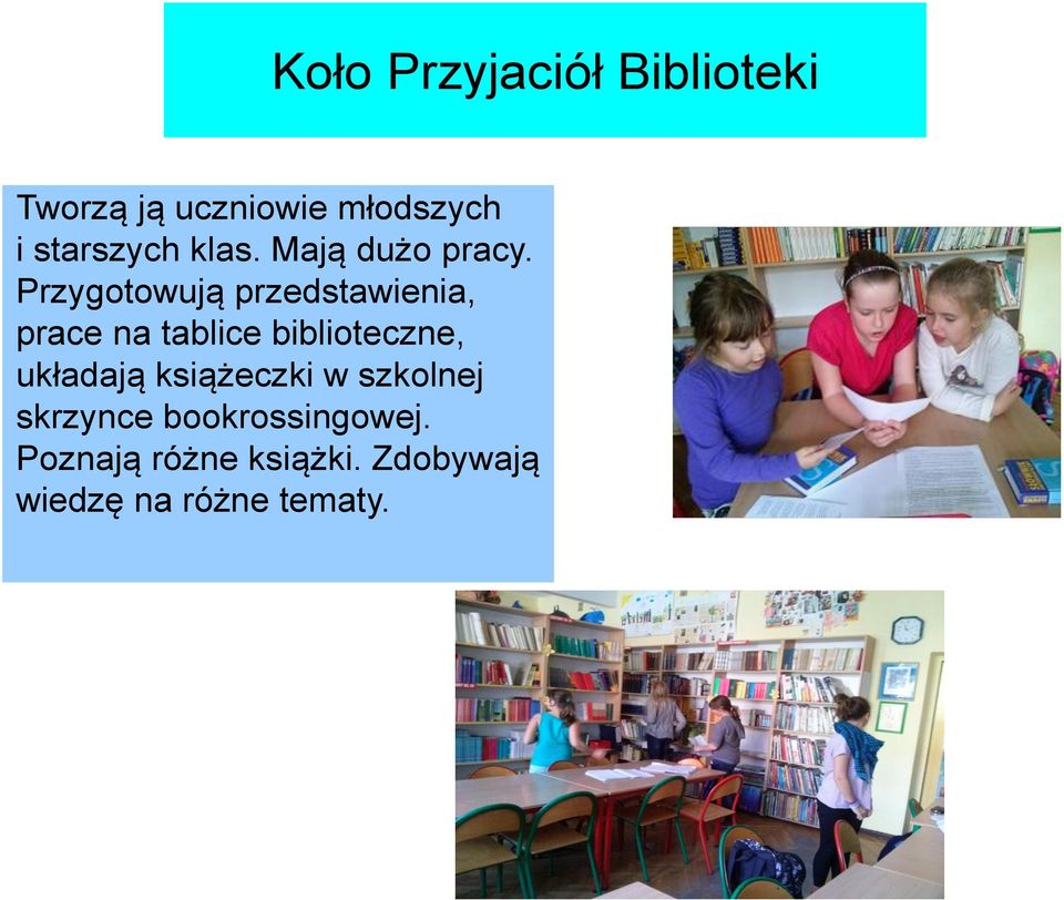 Przygotowują przedstawienia, prace na tablice biblioteczne,