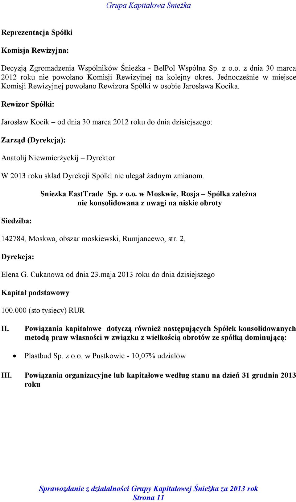 Rewizor Spółki: Jarosław Kocik od dnia 30 marca 2012 roku do dnia dzisiejszego: Zarząd (Dyrekcja): Anatolij Niewmierżyckij Dyrektor W 2013 roku skład Dyrekcji Spółki nie ulegał żadnym zmianom.