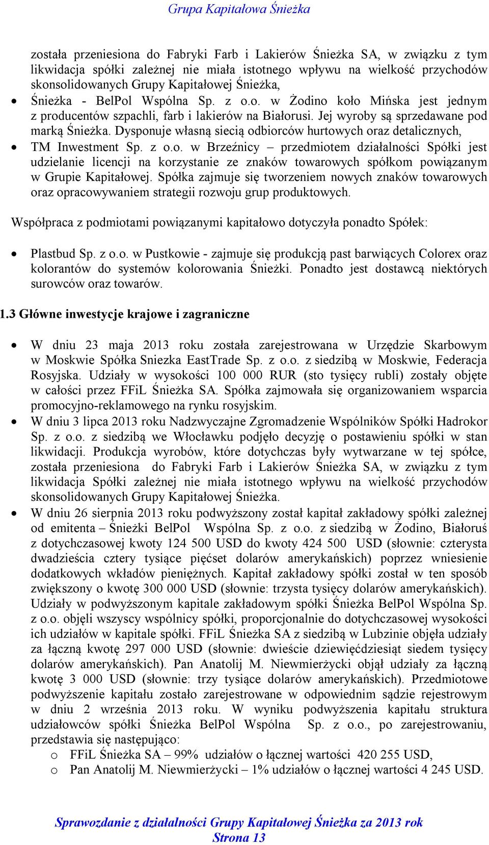 Dysponuje własną siecią odbiorców hurtowych oraz detalicznych, TM Inwestment Sp. z o.o. w Brzeźnicy przedmiotem działalności Spółki jest udzielanie licencji na korzystanie ze znaków towarowych spółkom powiązanym w Grupie Kapitałowej.