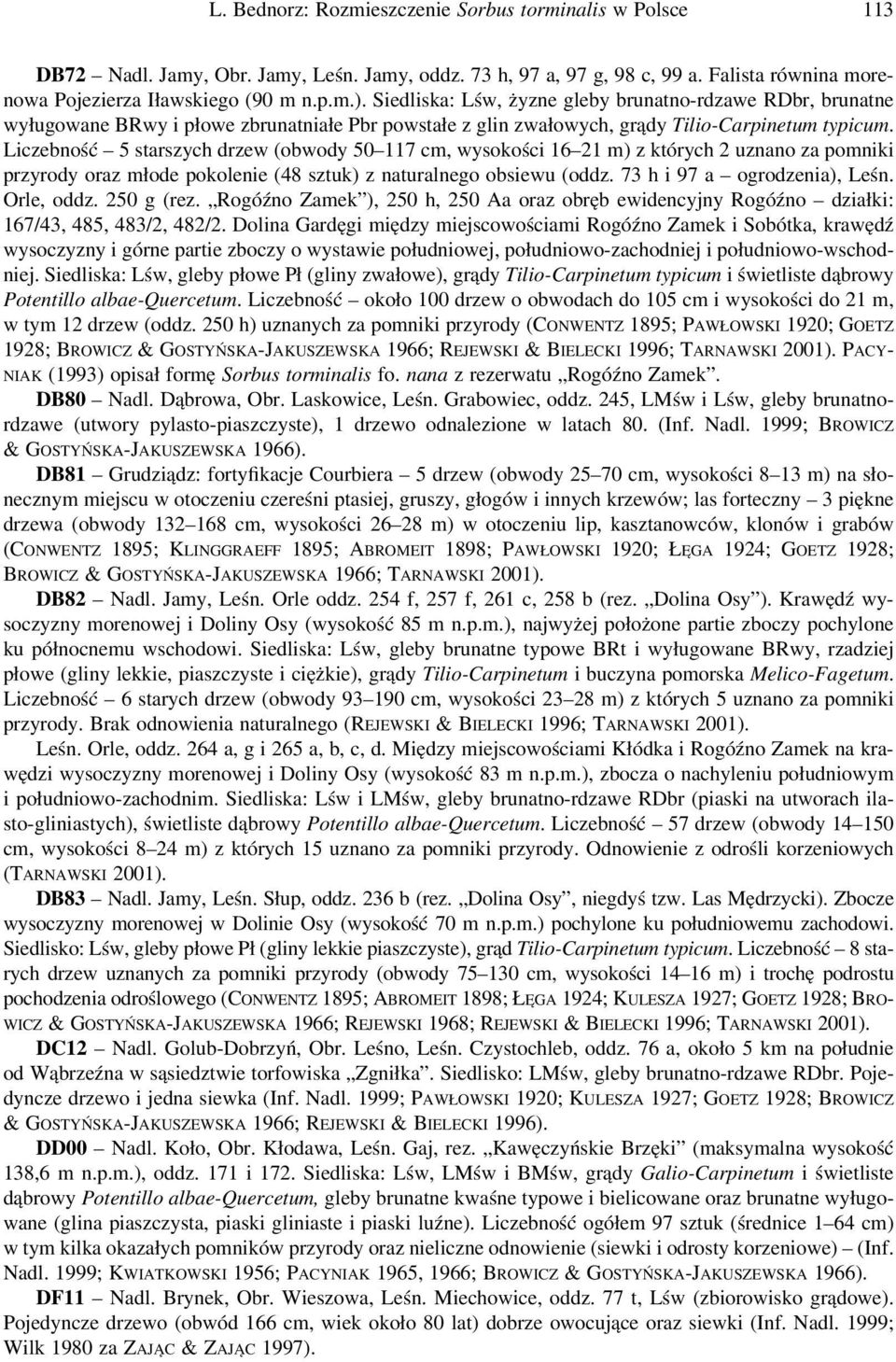 Liczebność 5 starszych drzew (obwody 50 117 cm, wysokości 16 21 m) z których 2 uznano za pomniki przyrody oraz młode pokolenie (48 sztuk) z naturalnego obsiewu (oddz. 73 h i 97 a ogrodzenia), Leśn.