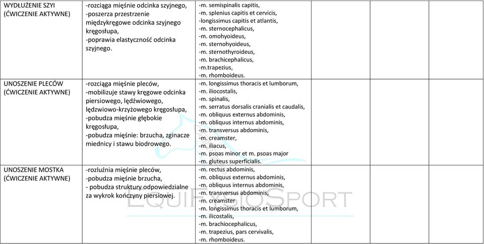 -rozluźnia mięśnie pleców, -pobudza mięśnie brzucha, - pobudza struktury odpowiedzialne za wykrok kończyny piersiowej. -m. semispinalis capitis, -m.