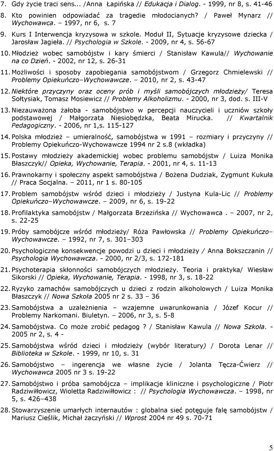 Młodzież wobec samobójstw i kary śmierci / Stanisław Kawula// Wychowanie na co Dzień. - 2002, nr 12, s. 26-31 11.