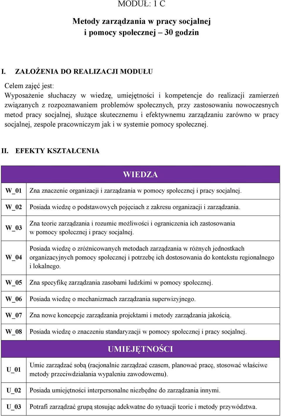 zastosowaniu nowoczesnych metod pracy socjalnej, służące skutecznemu i efektywnemu zarządzaniu zarówno w pracy socjalnej, zespole pracowniczym jak i w systemie pomocy społecznej. II.