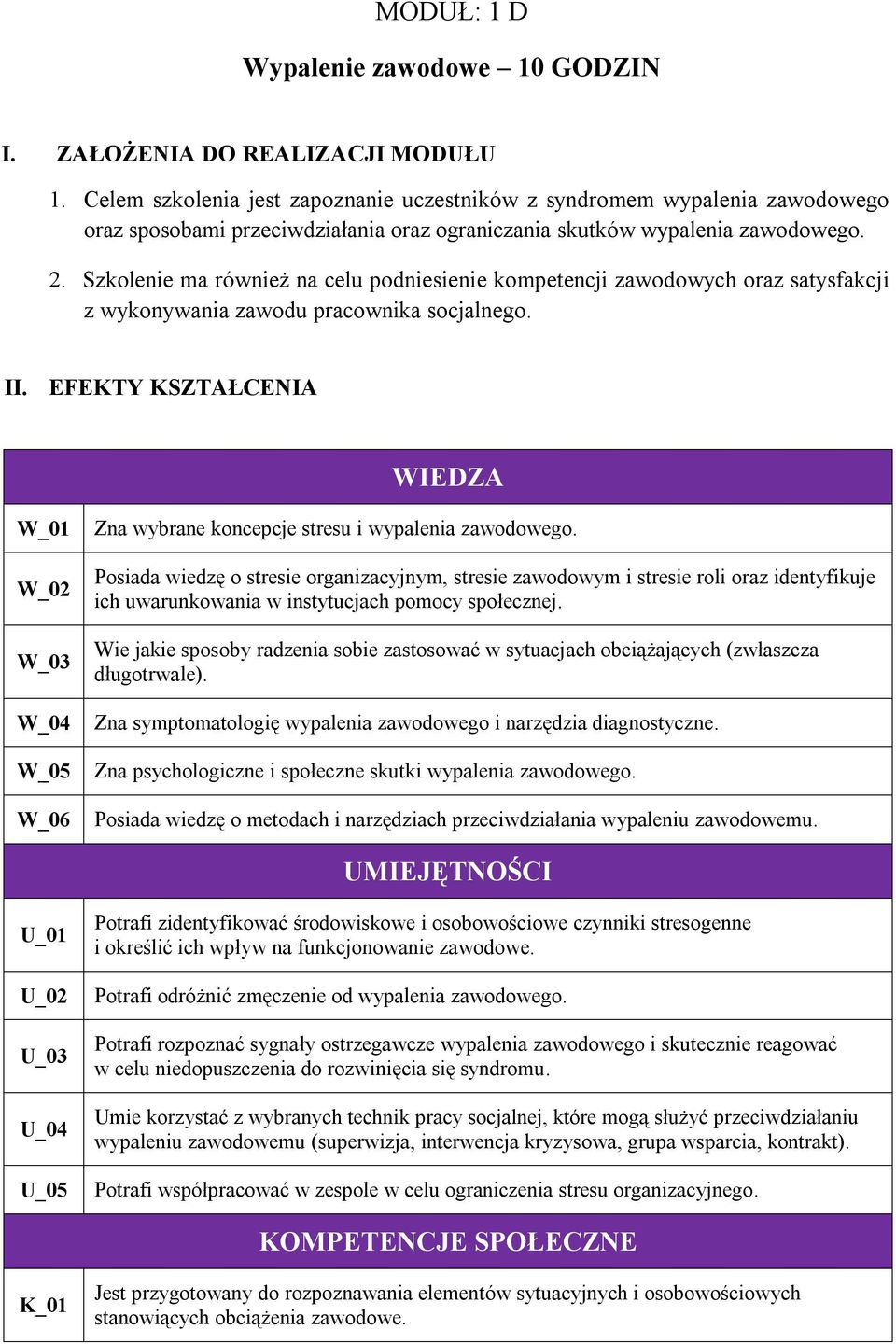 Szkolenie ma również na celu podniesienie kompetencji zawodowych oraz satysfakcji z wykonywania zawodu pracownika socjalnego. II.