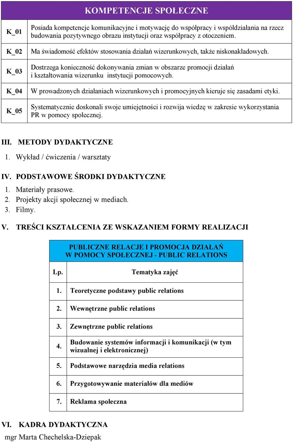 Dostrzega konieczność dokonywania zmian w obszarze promocji działań i kształtowania wizerunku instytucji pomocowych. W prowadzonych działaniach wizerunkowych i promocyjnych kieruje się zasadami etyki.