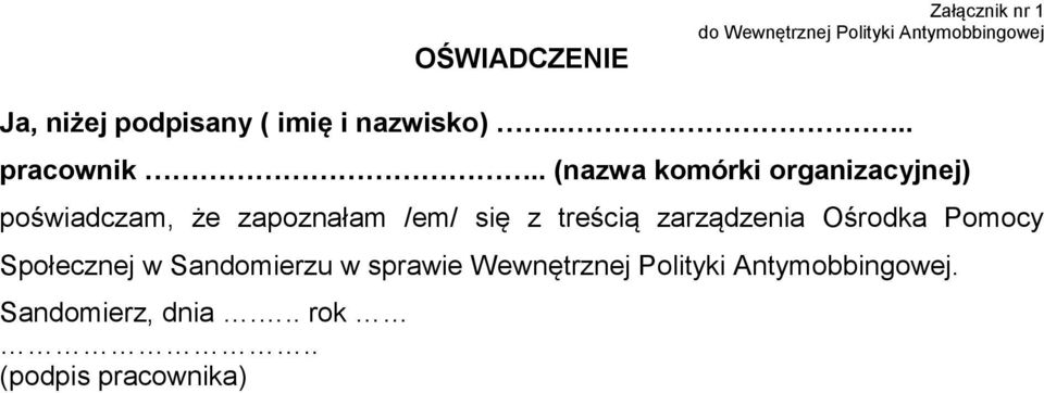 . (nazwa komórki organizacyjnej) poświadczam, że zapoznałam /em/ się z treścią