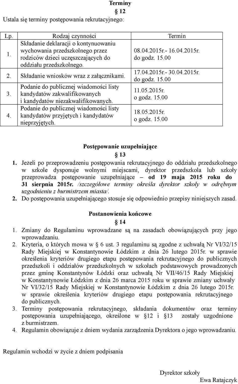 Podanie do publicznej wiadomości listy kandydatów zakwalifikowanych i kandydatów niezakwalifikowanych. Podanie do publicznej wiadomości listy kandydatów przyjętych i kandydatów nieprzyjętych. 17.04.