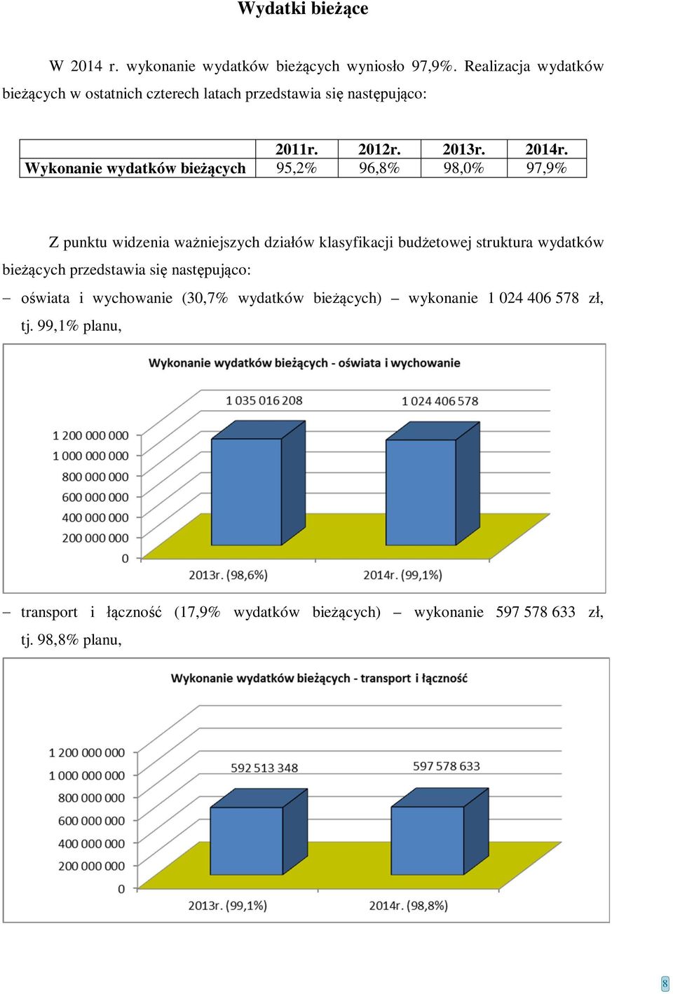 Wykonanie wydatków bieżących 95,2% 96,8% 98,0% 97,9% Z punktu widzenia ważniejszych działów klasyfikacji budżetowej struktura wydatków