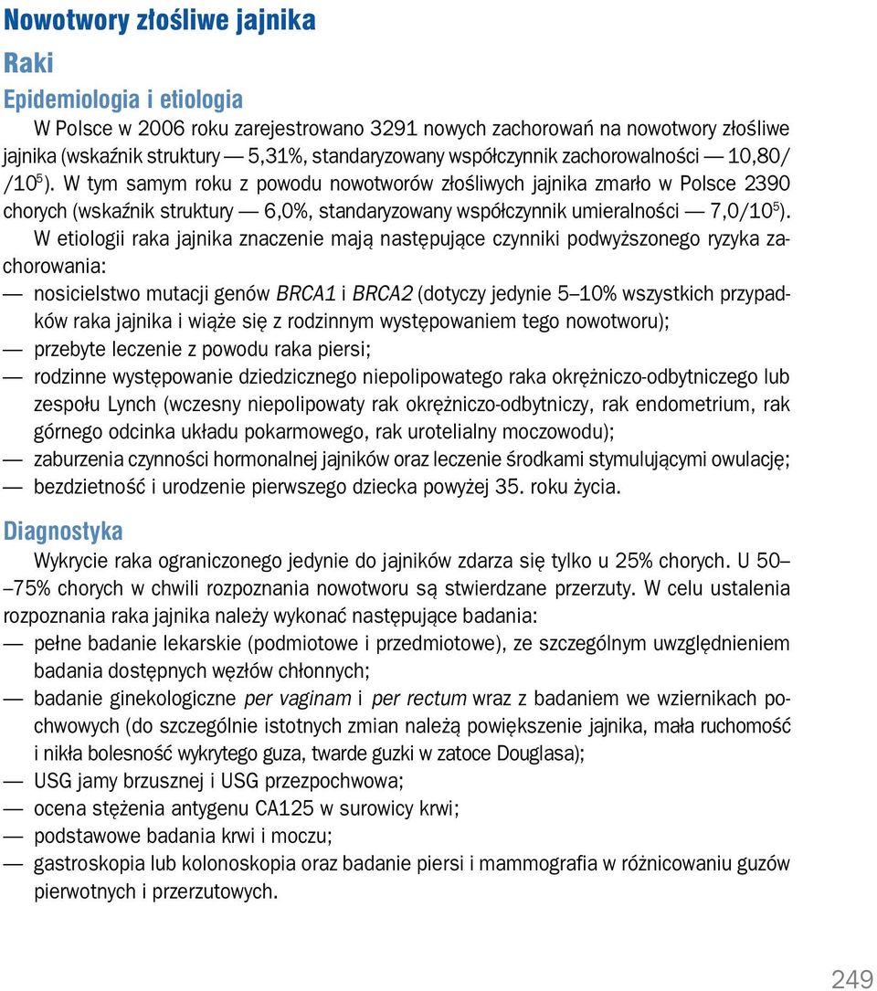 W tym samym roku z powodu nowotworów złośliwych jajnika zmarło w Polsce 2390 chorych (wskaźnik struktury 6,0%, standaryzowany współczynnik umieralności 7,0/10 5 ).