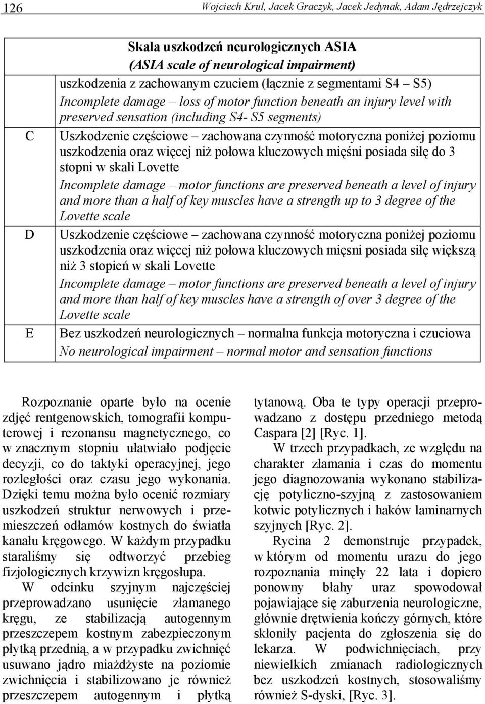 poziomu uszkodzenia oraz więcej niż połowa kluczowych mięśni posiada siłę do 3 stopni w skali Lovette Incomplete damage motor functions are preserved beneath a level of injury and more than a half of