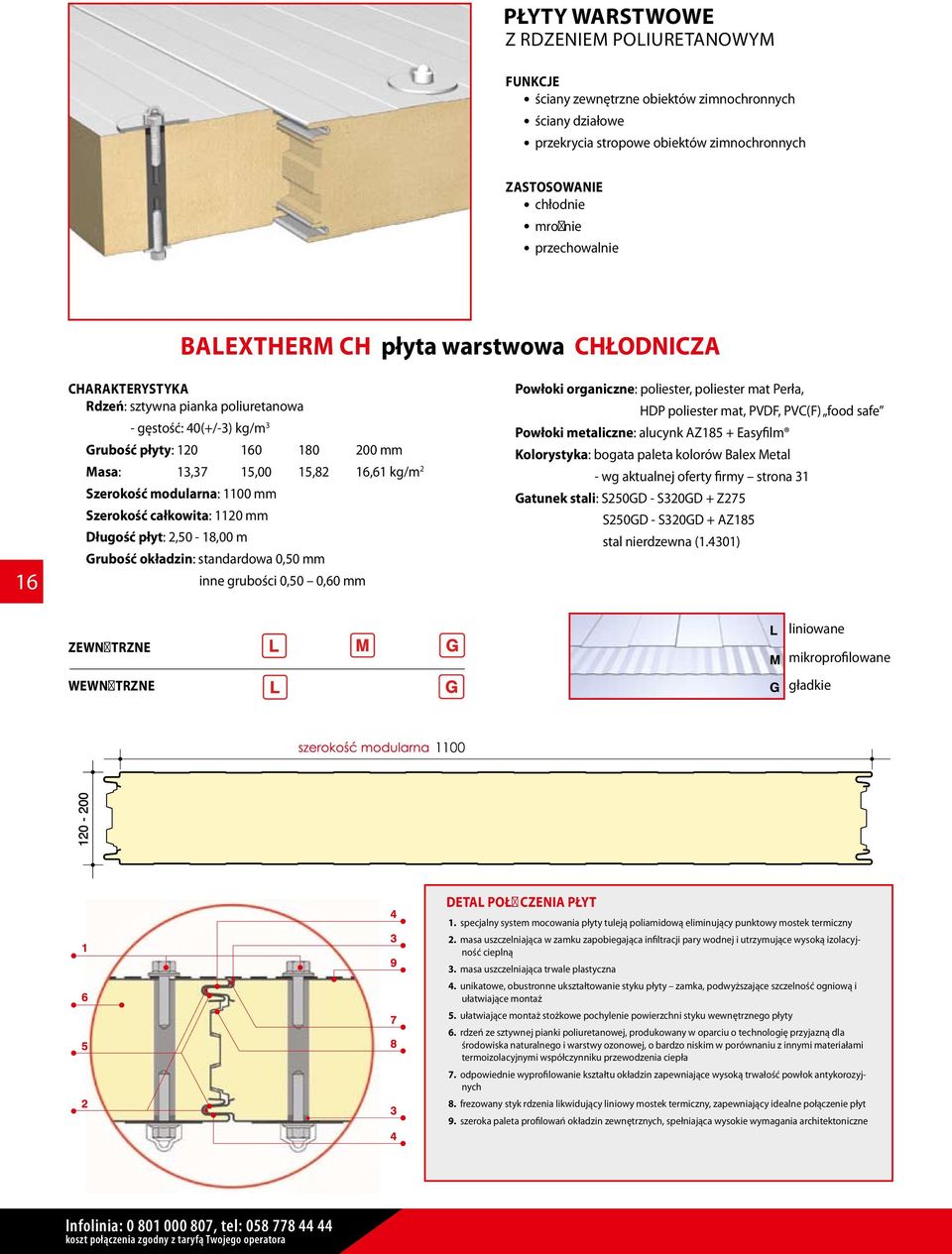 Szerokość modularna: 1100 mm Szerokość całkowita: 1120 mm Długość płyt: 2,50-18,00 m Grubość okładzin: standardowa 0,50 mm inne grubości 0,50 0,60 mm Powłoki organiczne: poliester, poliester mat