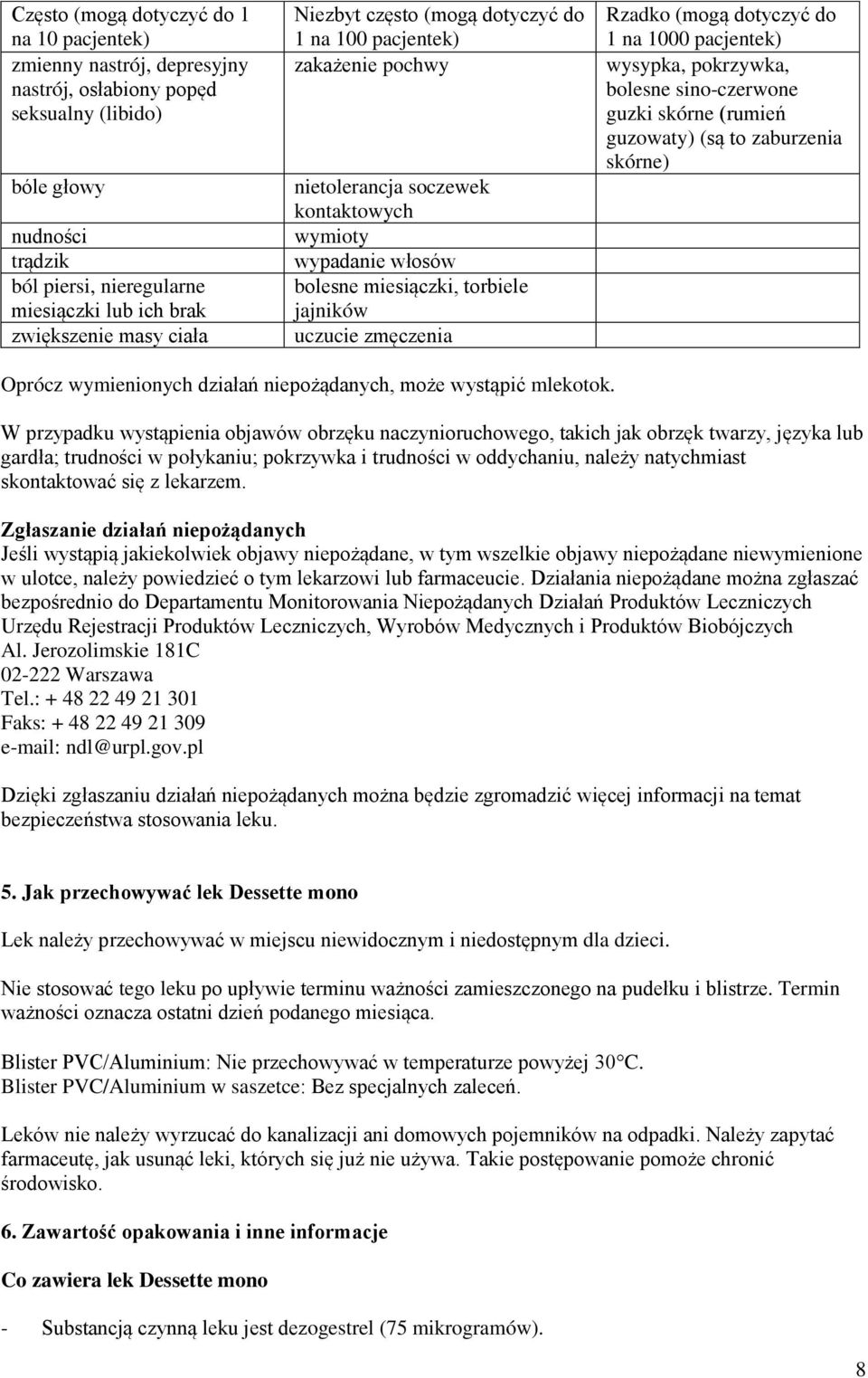 zmęczenia Rzadko (mogą dotyczyć do 1 na 1000 pacjentek) wysypka, pokrzywka, bolesne sino-czerwone guzki skórne (rumień guzowaty) (są to zaburzenia skórne) Oprócz wymienionych działań niepożądanych,