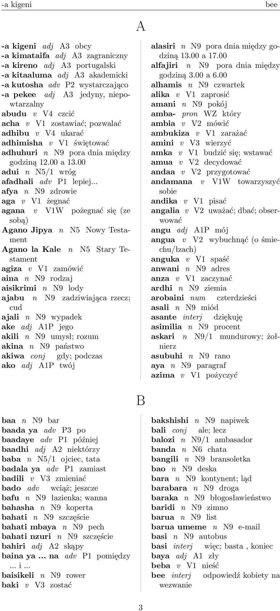 .. afya n N9 zdrowie aga v V1 żegnać agana v V1W pożegnać się (ze sobą) Agano Jipya n N5 Nowy Testament Agano la Kale n N5 Stary Testament agiza v V1 zamówić aina n N9 rodzaj aisikrimi n N9 lody