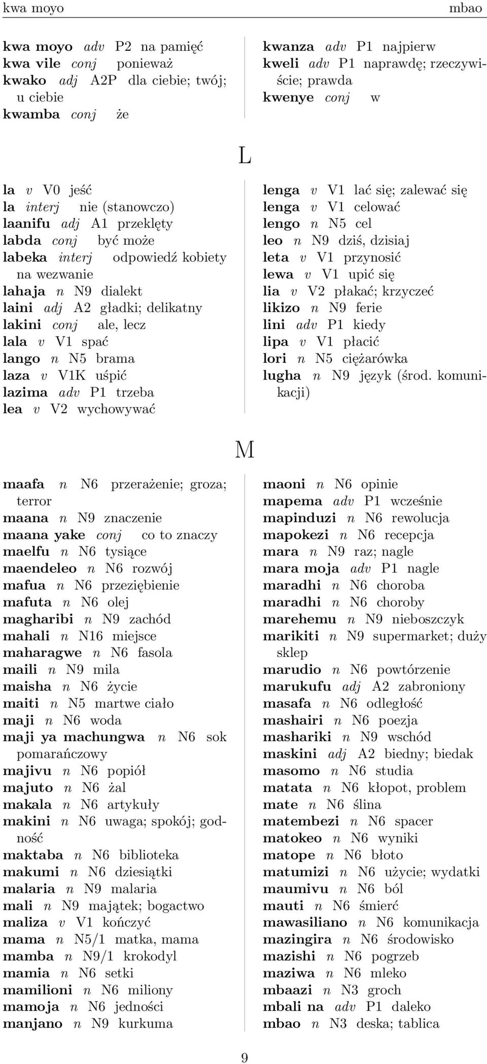 lecz lala v V1 spać lango n N5 brama laza v V1K uśpić lazima adv P1 trzeba lea v V2 wychowywać lenga v V1 lać się; zalewać się lenga v V1 celować lengo n N5 cel leo n N9 dziś, dzisiaj leta v V1
