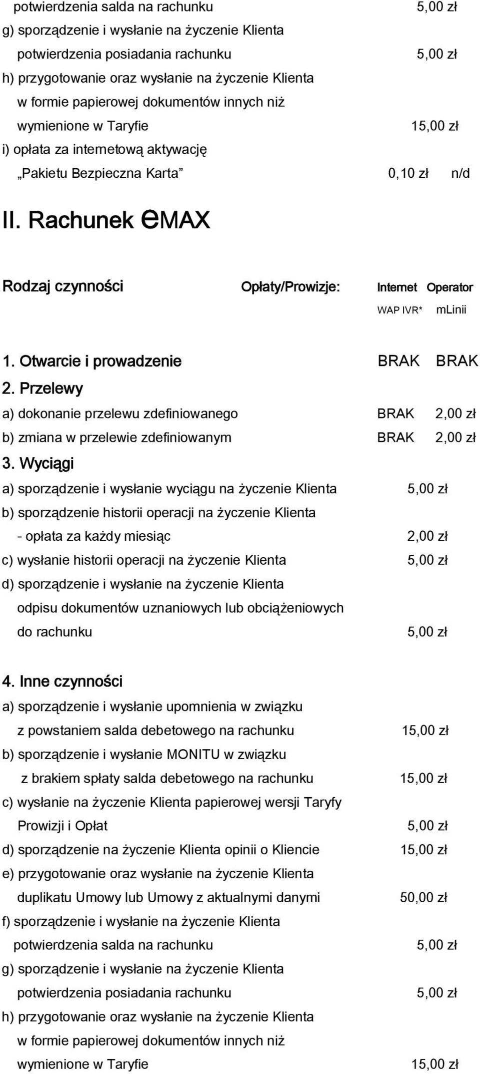 Przelewy a) dokonanie przelewu zdefiniowanego BRAK 2,00 zł b) zmiana w przelewie zdefiniowanym BRAK 2,00 zł 3.