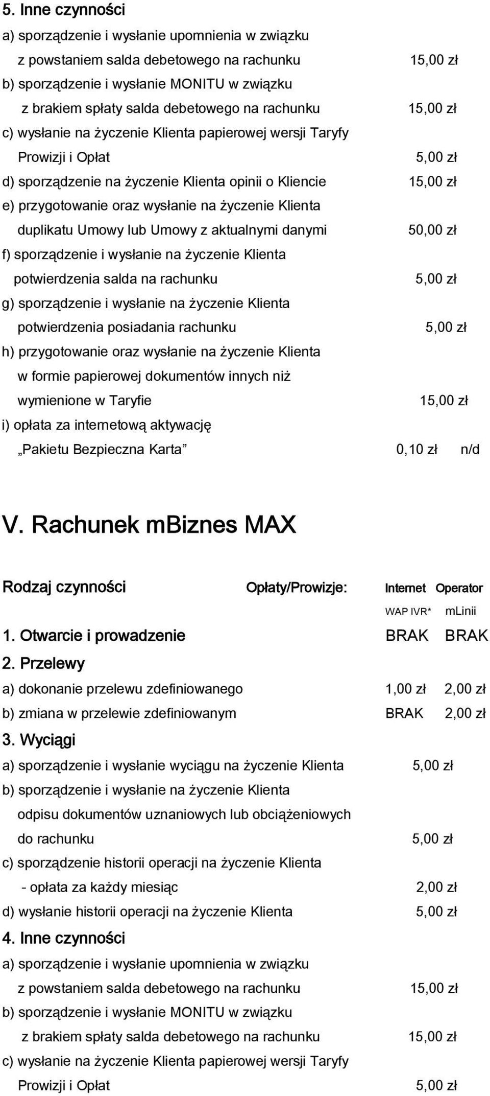 lub Umowy z aktualnymi danymi 50,00 zł f) sporządzenie i wysłanie na życzenie Klienta potwierdzenia salda na rachunku g) sporządzenie i wysłanie na życzenie Klienta potwierdzenia posiadania rachunku