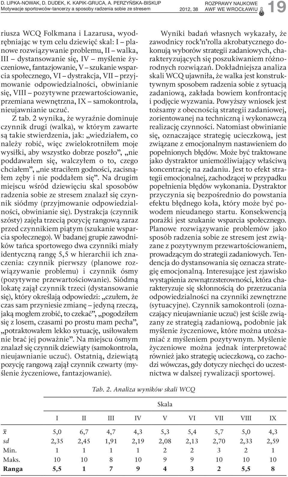 rozwiązywanie problemu, II walka, III dystansowanie się, IV myślenie życzeniowe, fantazjowanie, V szukanie wsparcia społecznego, VI dystrakcja, VII przyjmowanie odpowiedzialności, obwinianie się,