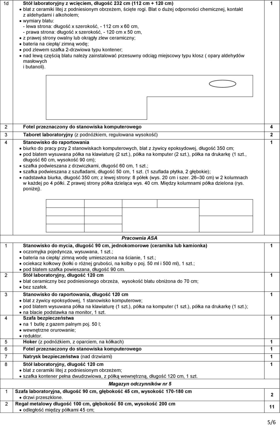 strony owalny lub okrągły zlew ceramiczny; bateria na ciepłą/ zimną wodę; pod zlewem szafka -drzwiowa typu kontener; nad lewą częścią blatu należy zainstalować przesuwny odciąg miejscowy typu klosz (