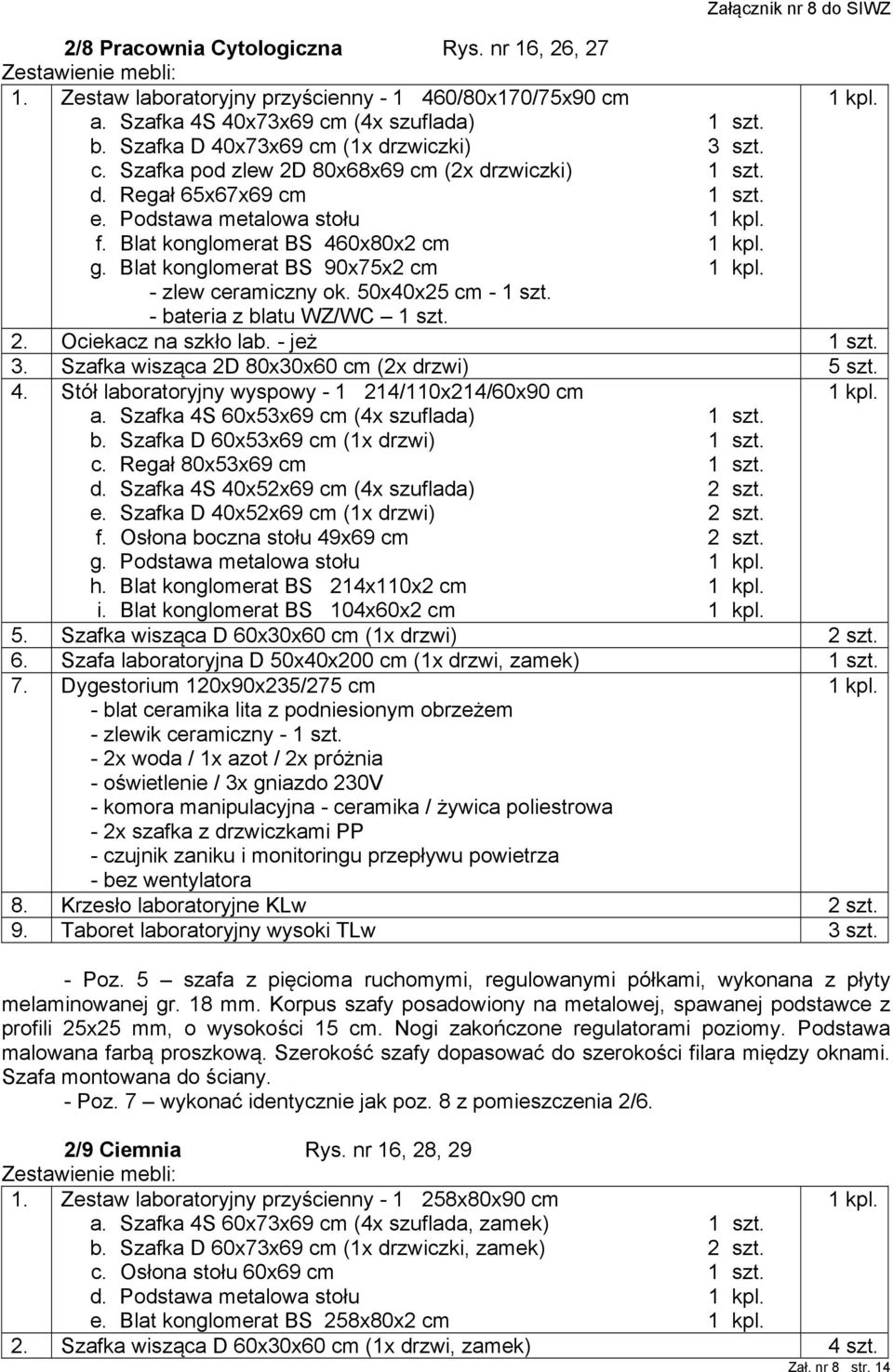 Blat konglomerat BS 90x75x2 cm - zlew ceramiczny ok. 50x40x25 cm - 1 szt. - bateria z blatu WZ/WC 1 szt. 2. Ociekacz na szkło lab. - jeż 1 szt. 3. Szafka wisząca 2D 80x30x60 cm (2x drzwi) 5 szt. 4.