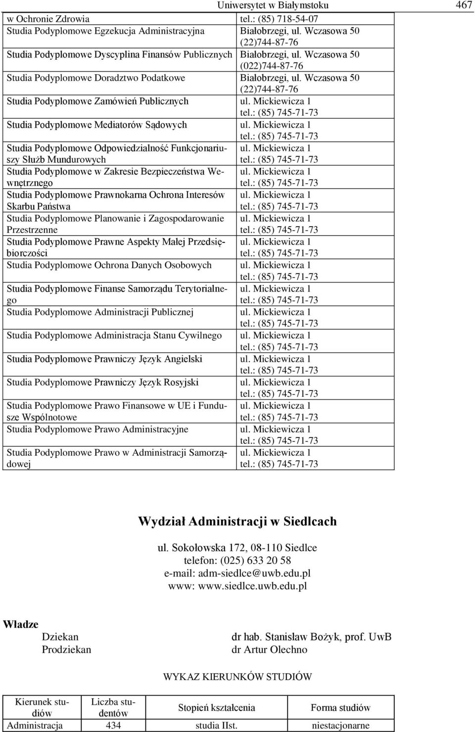 Wczasowa 50 (22)744-87-76 Studia Podyplomowe Zamówień Publicznych ul. Mickiewicza 1 Studia Podyplomowe Mediatorów Sądowych ul.