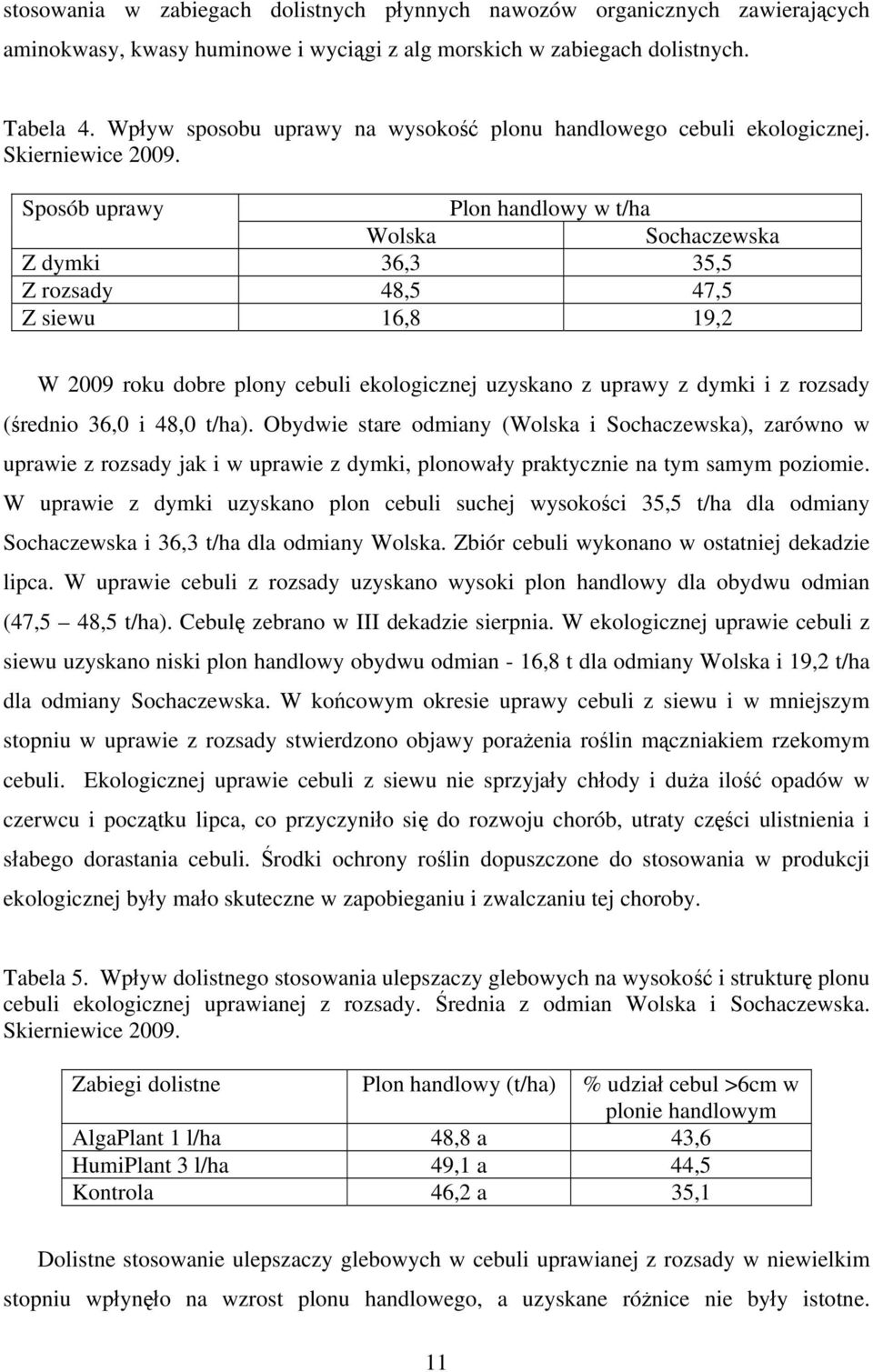 Sposób uprawy Plon handlowy w t/ha Wolska Sochaczewska Z dymki 36,3 35,5 Z rozsady 48,5 47,5 Z siewu 16,8 19,2 W 2009 roku dobre plony cebuli ekologicznej uzyskano z uprawy z dymki i z rozsady