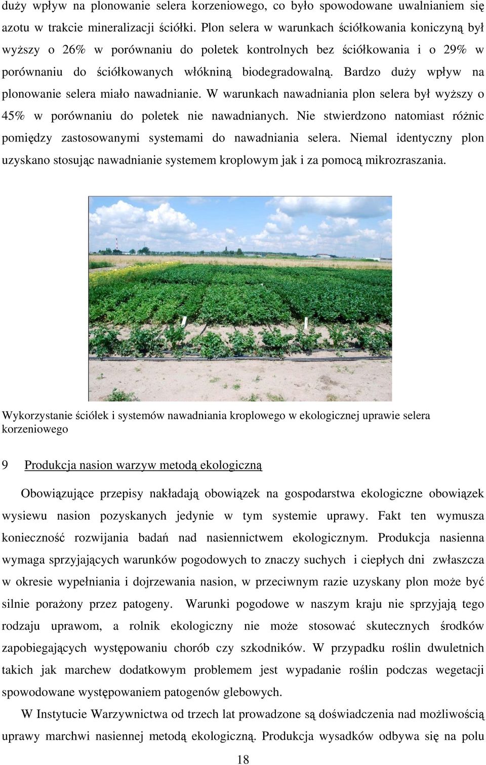 Bardzo duży wpływ na plonowanie selera miało nawadnianie. W warunkach nawadniania plon selera był wyższy o 45% w porównaniu do poletek nie nawadnianych.