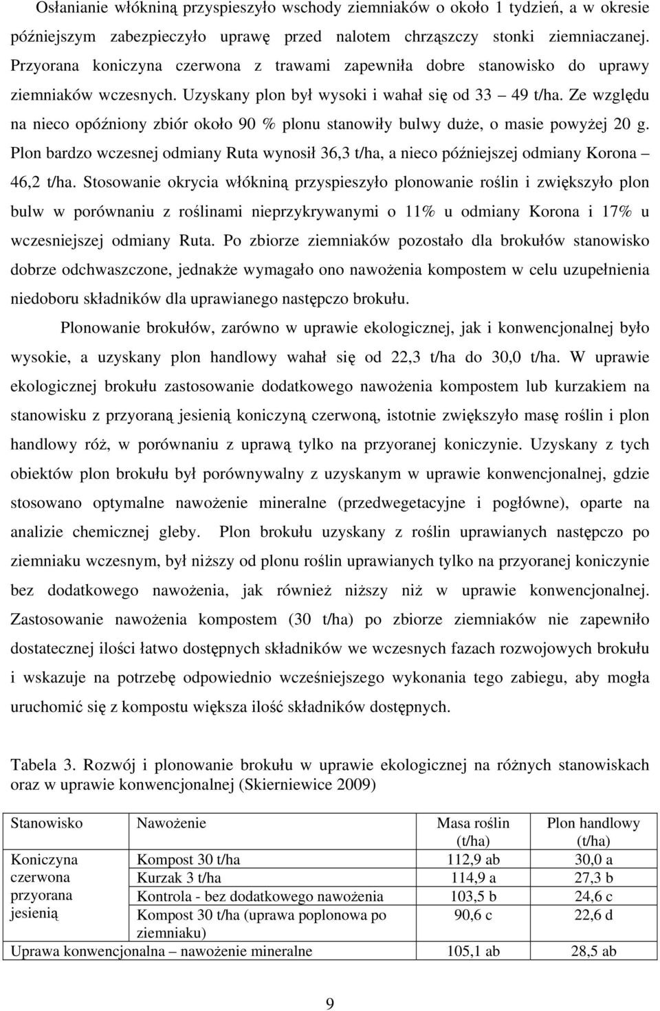 Ze względu na nieco opóźniony zbiór około 90 % plonu stanowiły bulwy duże, o masie powyżej 20 g. Plon bardzo wczesnej odmiany Ruta wynosił 36,3 t/ha, a nieco późniejszej odmiany Korona 46,2 t/ha.