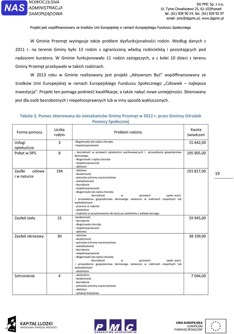 W 2013 rku w Gminie realizwany jest prjekt Aktywnym Być współfinanswany ze śrdków Unii Eurpejskiej w ramach Eurpejskieg Funduszu Spłeczneg Człwiek najlepsza inwestycja.