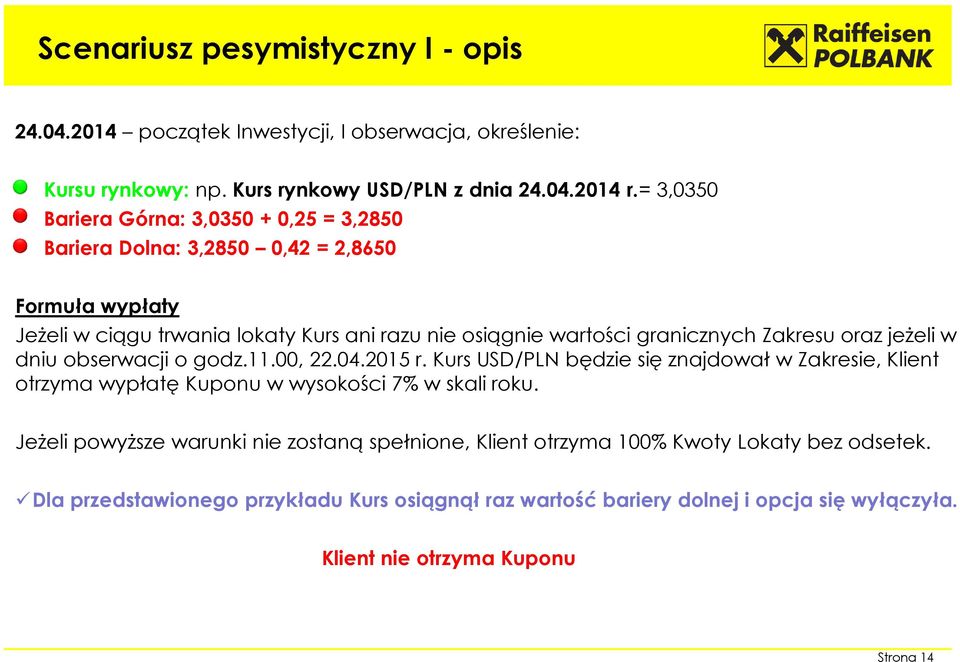 Zakresu oraz jeżeli w dniu obserwacji o godz.11.00, 22.04.2015 r. Kurs USD/PLN będzie się znajdował w Zakresie, Klient otrzyma wypłatę Kuponu w wysokości 7% w skali roku.