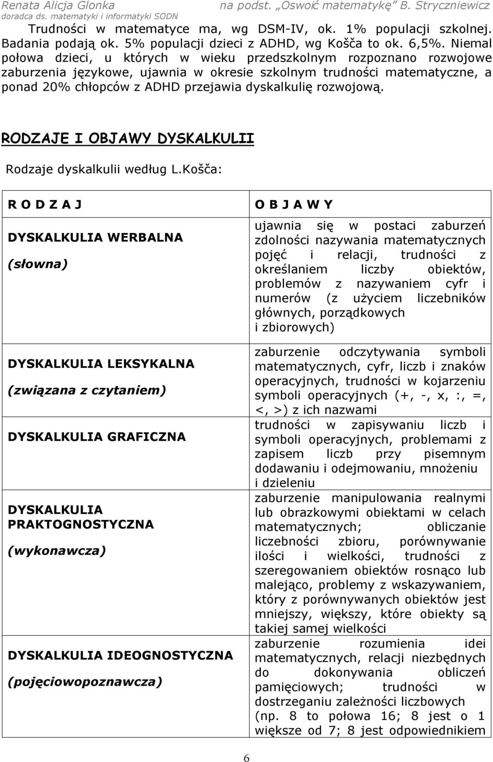 rozwojową. RODZAJE I OBJAWY DYSKALKULII Rodzaje dyskalkulii według L.