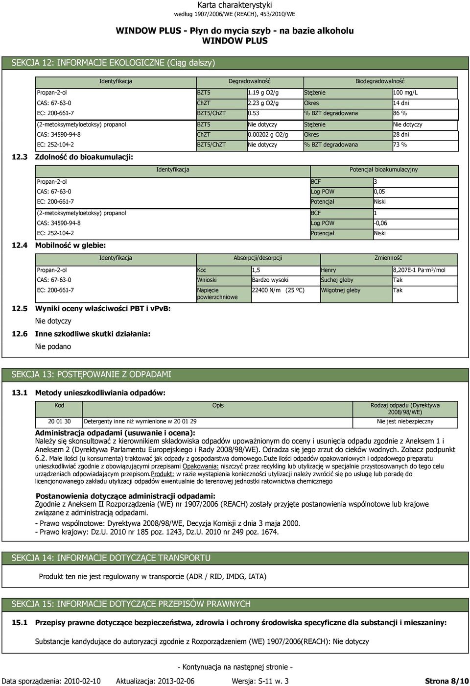 3 Zdolność do bioakumulacji: Potencjał bioakumulacyjny BCF 3 Log POW 0,05 Potencjał Niski BCF 1 Log POW -0,06 Potencjał Niski 12.
