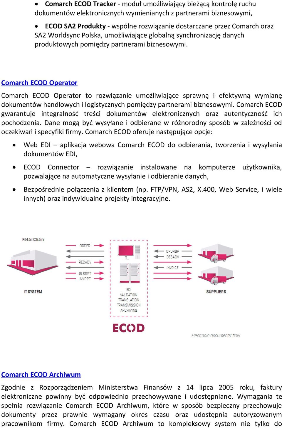 Comarch ECOD Operator Comarch ECOD Operator to rozwiązanie umożliwiające sprawną i efektywną wymianę dokumentów handlowych i logistycznych pomiędzy partnerami biznesowymi.
