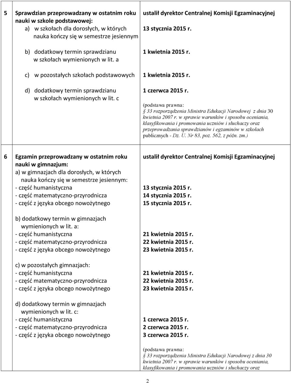 33 rozporządzenia Ministra Edukacji Narodowej z dnia 30 6 Egzamin przeprowadzany w ostatnim roku nauki w gimnazjum: a) w gimnazjach dla dorosłych, w których nauka kończy się w semestrze jesiennym: b)