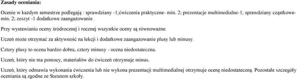 Uczeń może otrzymać za aktywność na lekcji i dodatkowe zaangażowanie plusy lub minusy. Cztery plusy to ocena bardzo dobra, cztery minusy - ocena niedostateczna.