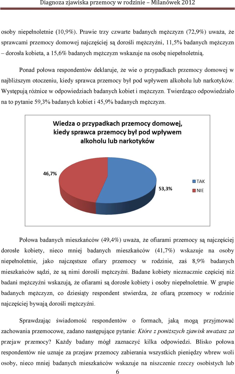 osobę niepełnoletnią. Ponad połowa respondentów deklaruje, że wie o przypadkach przemocy domowej w najbliższym otoczeniu, kiedy sprawca przemocy był pod wpływem alkoholu lub narkotyków.