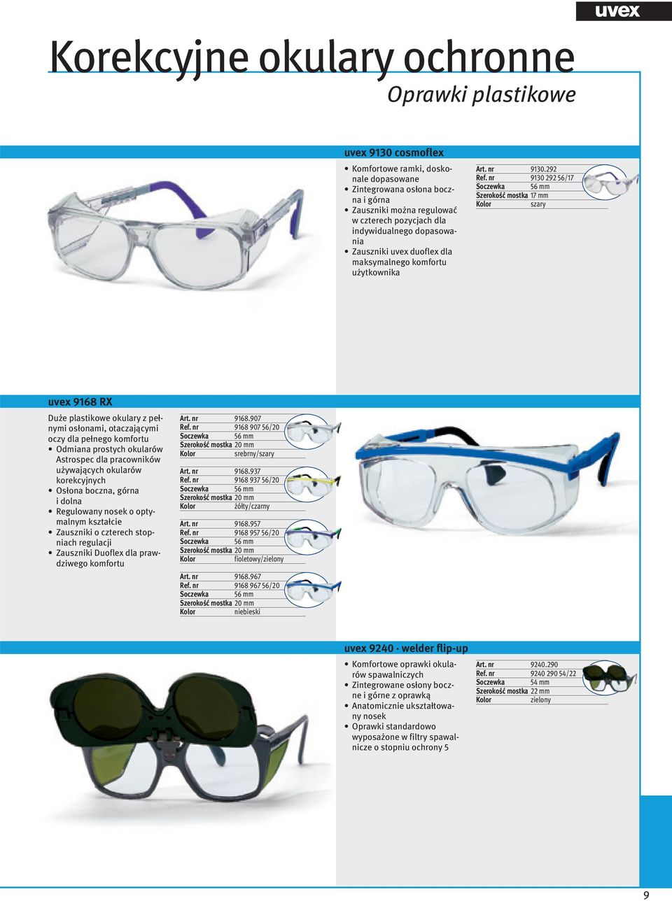 nr 9130 292 56/17 szary uvex 9168 RX Duże plastikowe okulary z pełnymi osłonami, otaczającymi oczy dla pełnego komfortu Odmiana prostych okularów Astrospec dla pracowników używających okularów