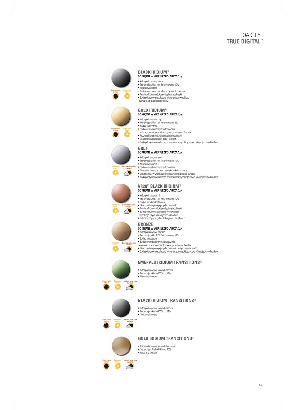 Średnie natężenie światła GOLD IRIDIUM DOSTĘPNE W WERSJI Z POLARYZACJĄ Kolor podstawowy: brąz Transmisja szkieł: 12% Polaryzowane: 9% Szkła z kontrastem Szkła o wszechstronnym zastosowaniu, zwłaszcza
