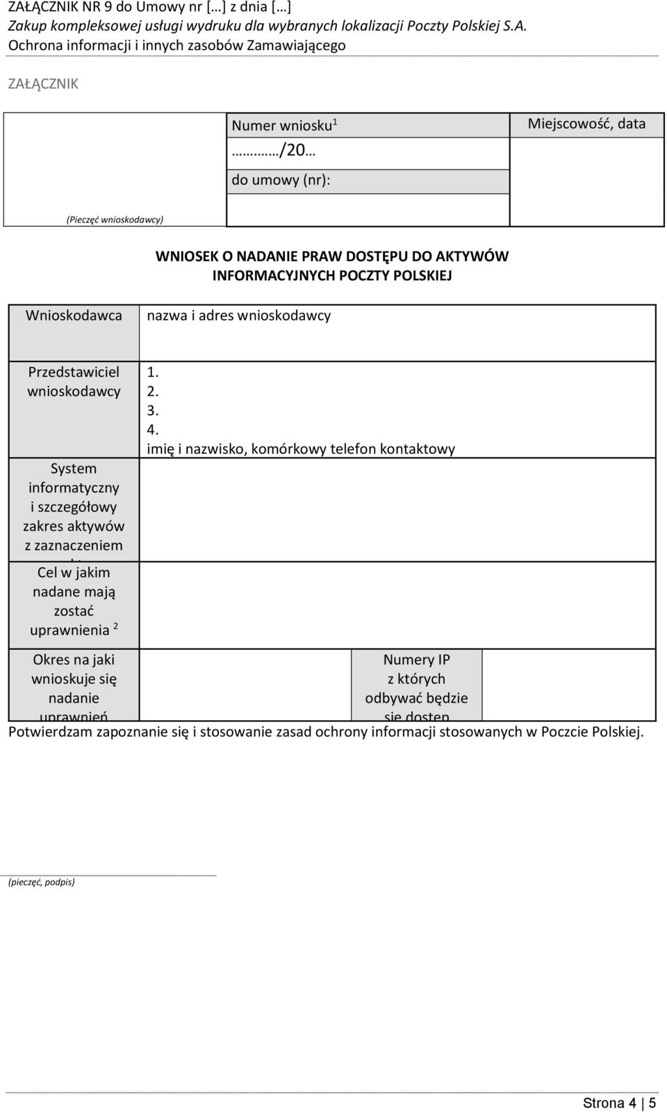 wnioskodawcy Przedstawiciel wnioskodawcy System informatyczny i szczegółowy zakres aktywów z zaznaczeniem czy aktywa Cel w jakim obejmują nadane mają dane