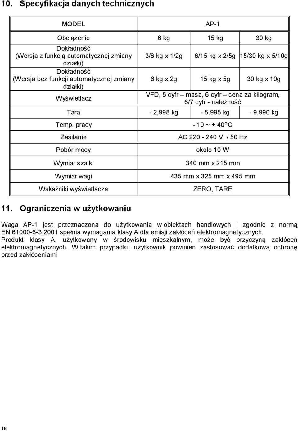 pracy - 10 ~ + 40 C Zasilanie Pobór mocy AC 220-240 V / 50 Hz około 10 W Wymiar szalki Wymiar wagi Wskaźniki wyświetlacza 340 mm x 215 mm 435 mm x 325 mm x 495 mm ZERO, TARE 11.