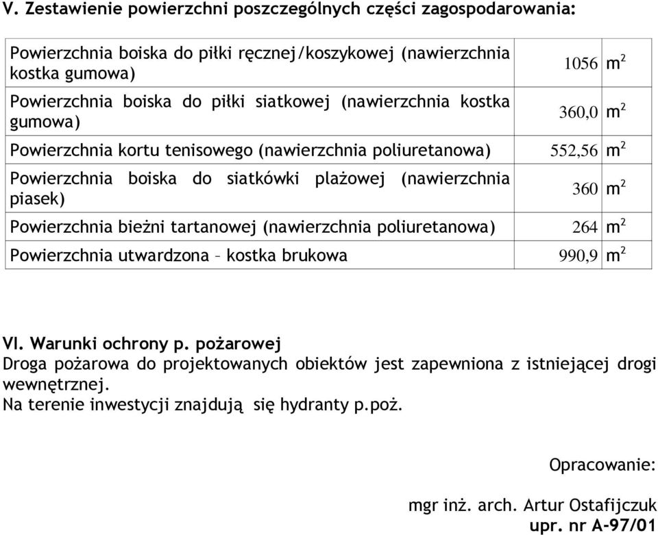 (nawierzchnia piasek) 360 m 2 Powierzchnia bieżni tartanowej (nawierzchnia poliuretanowa) 264 m 2 Powierzchnia utwardzona kostka brukowa 990,9 m 2 VI. Warunki ochrony p.