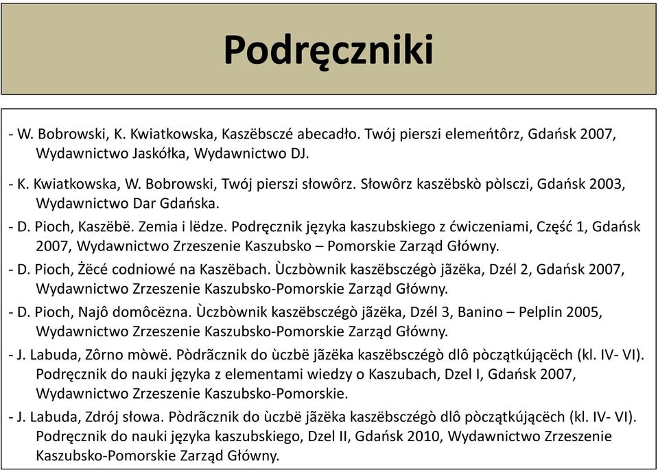 Podręcznik języka kaszubskiego z ćwiczeniami, Część 1, Gdańsk 2007, Wydawnictwo Zrzeszenie Kaszubsko Pomorskie Zarząd Główny. - D. Pioch, Żëcé codniowé na Kaszëbach.