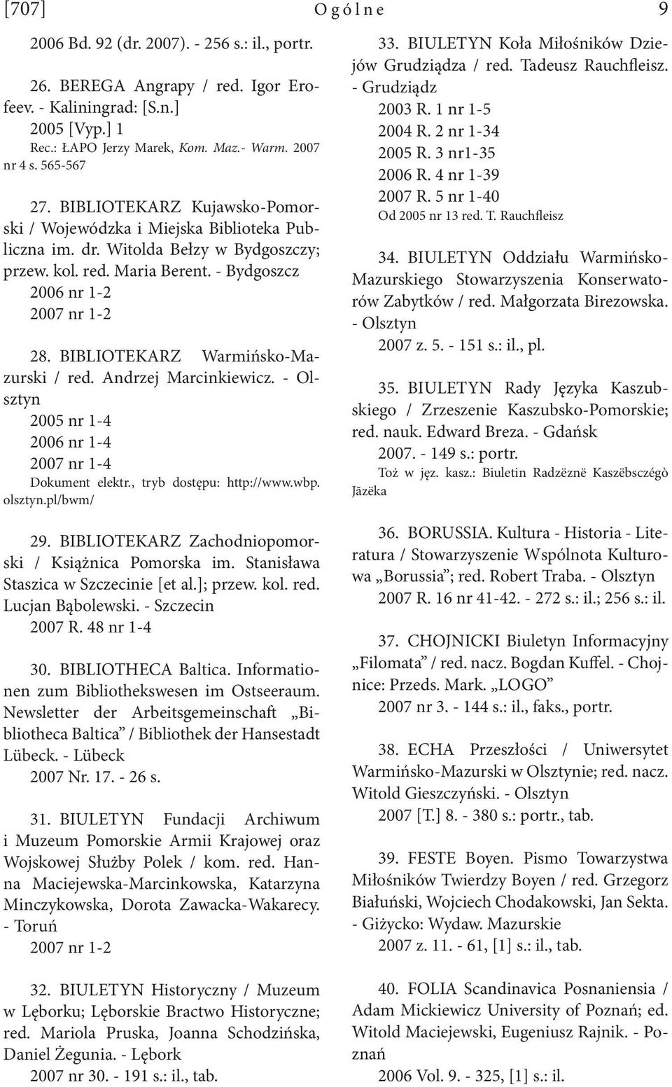 BIBLIOTEKARZ Warmińsko-Mazurski / red. Andrzej Marcinkiewicz. - Olsztyn 2005 nr 1-4 2006 nr 1-4 2007 nr 1-4 Dokument elektr., tryb dostępu: http://www.wbp. olsztyn.pl/bwm/ Ogólne 9 33.